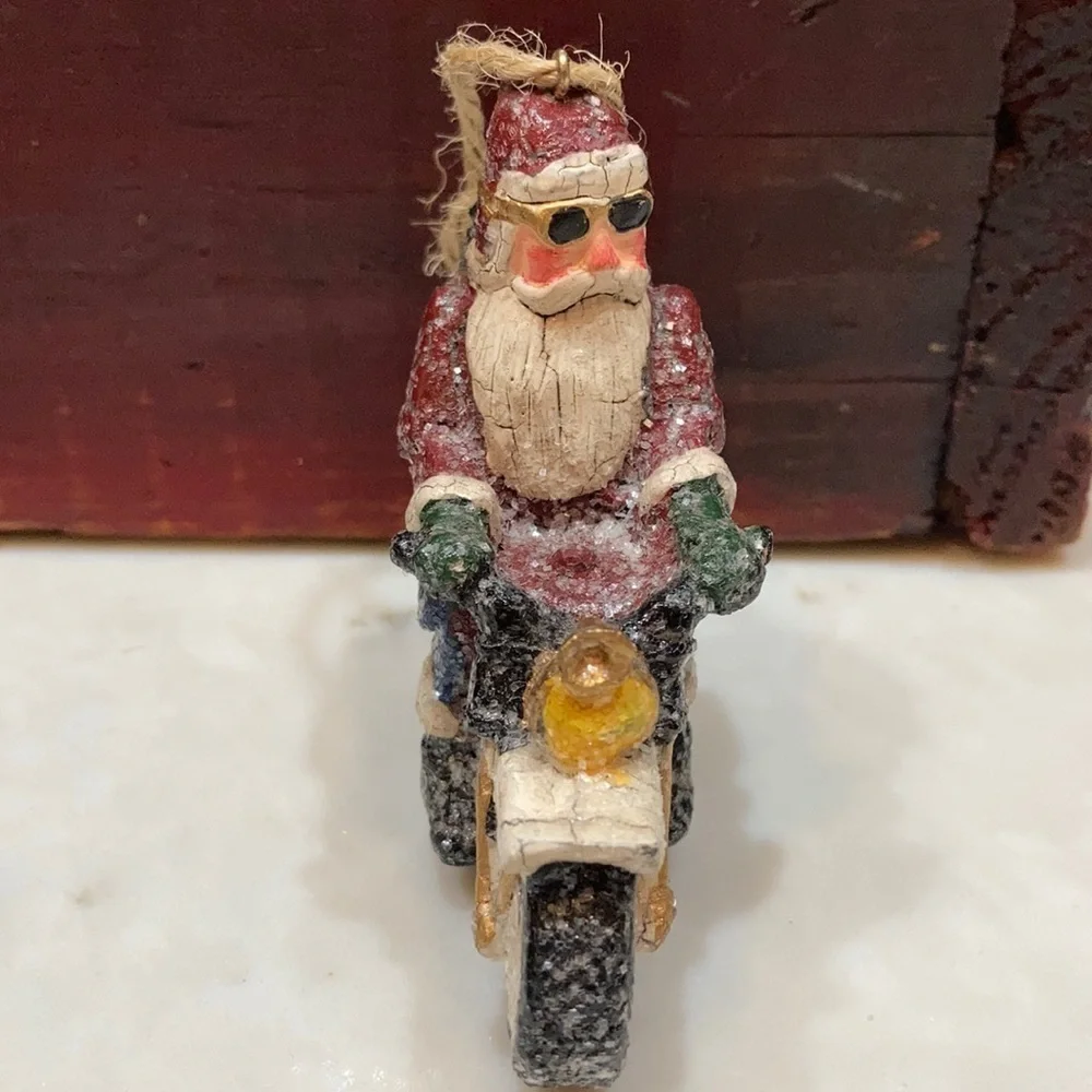 Sunglass Sparkly Santa on motorcycle ornament